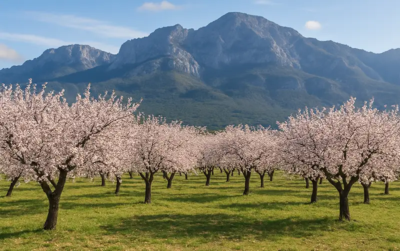 Großes Mandelblütenfeld auf Mallorca, im Hintergrund das Tramuntana-Gebirge