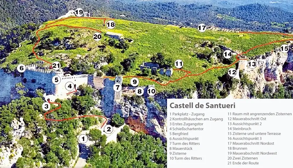 Castell de Santueri – historische Felsenfestung mit Panoramablick über Mallorca Castell de Santueri bei Felanitx – Festungsruine auf einem Felsen mit weitem Blick über Mallorca