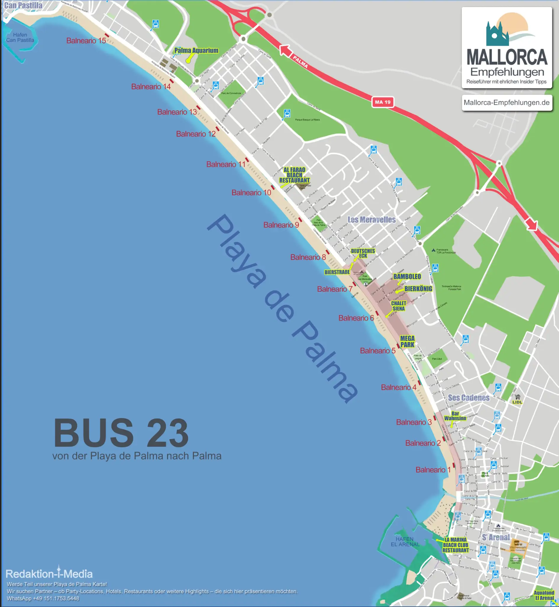 Karte der Haltestellen Bus 23 Playa de Palma