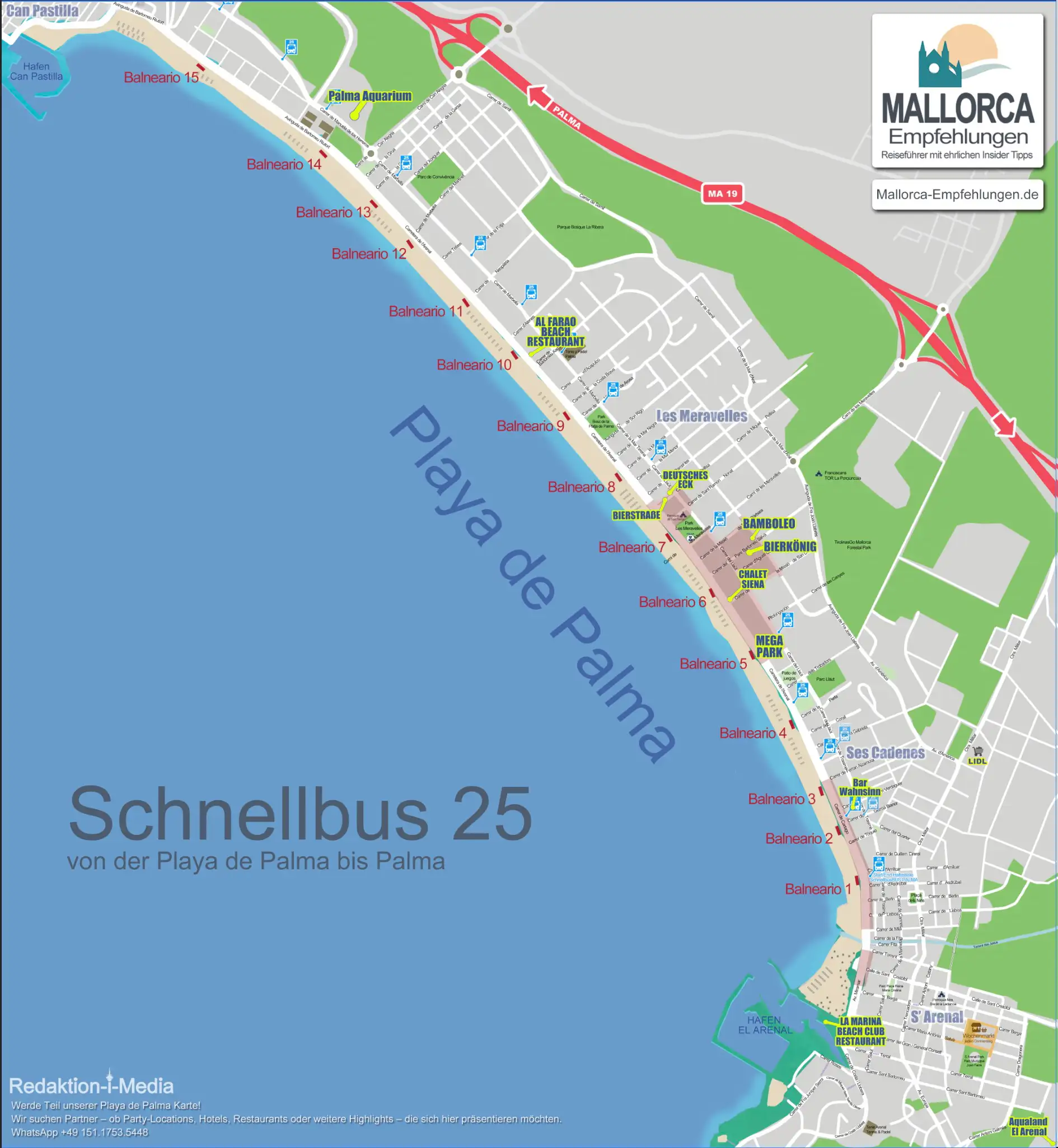Karte der Haltestellen Schnellbus 25 Playa de Palma