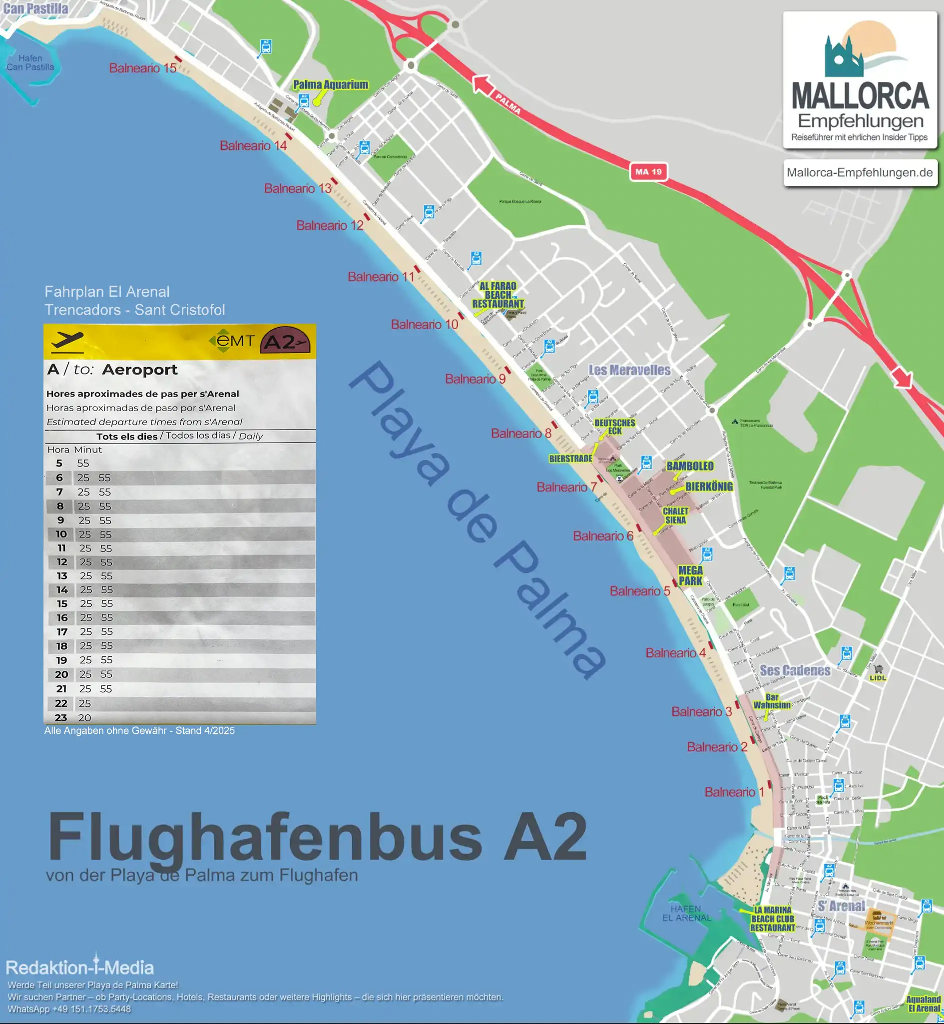 Karte der Haltestellen Flughafen-Bus A2 Playa de Palma