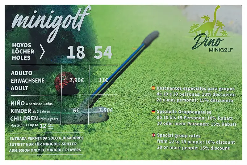 DINO Minigolf Preisliste Playa de Palma Mallorca – Preise für 18 Loch und 54 Bahnen