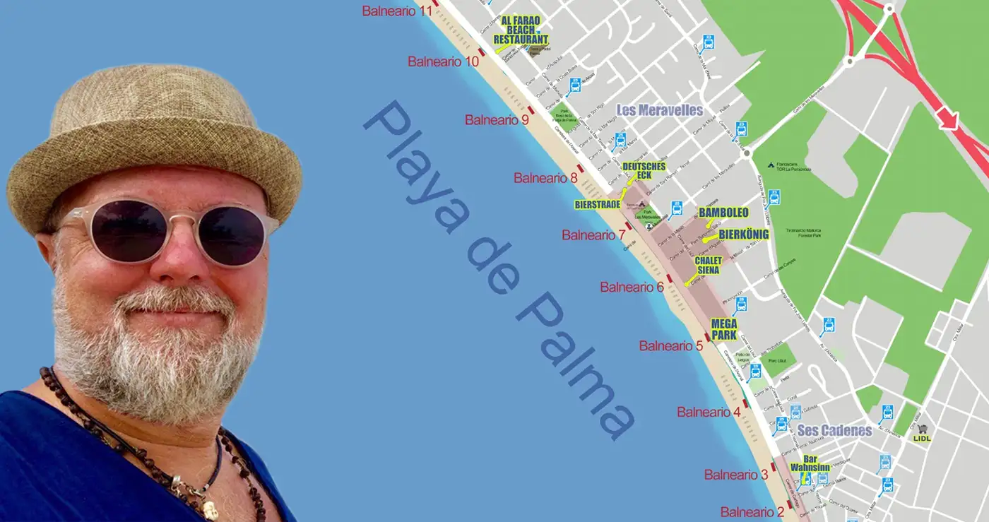 Übersichtskarte der Playa de Palma mit allen Balnearios