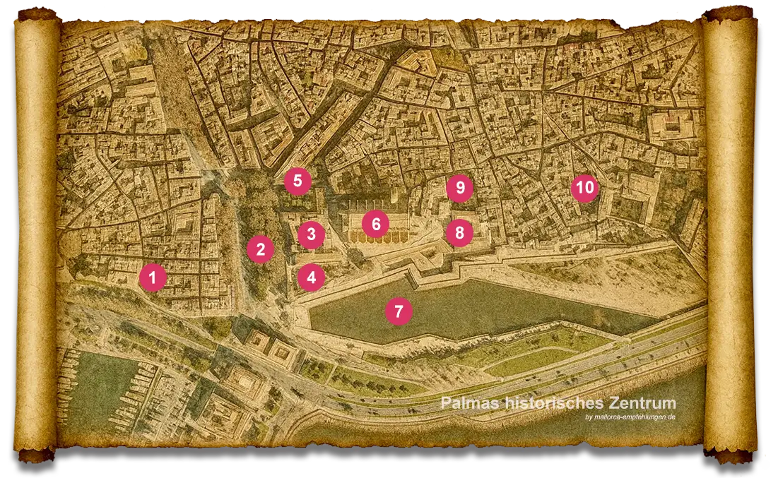 Karte des historischen Zentrums von Palma de Mallorca mit Kathedrale, Königspalast und Sehenswürdigkeiten