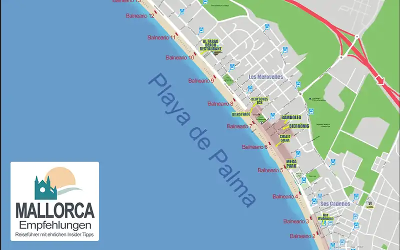 Übersichtskarte Playa de Palma mit allen Balnearios