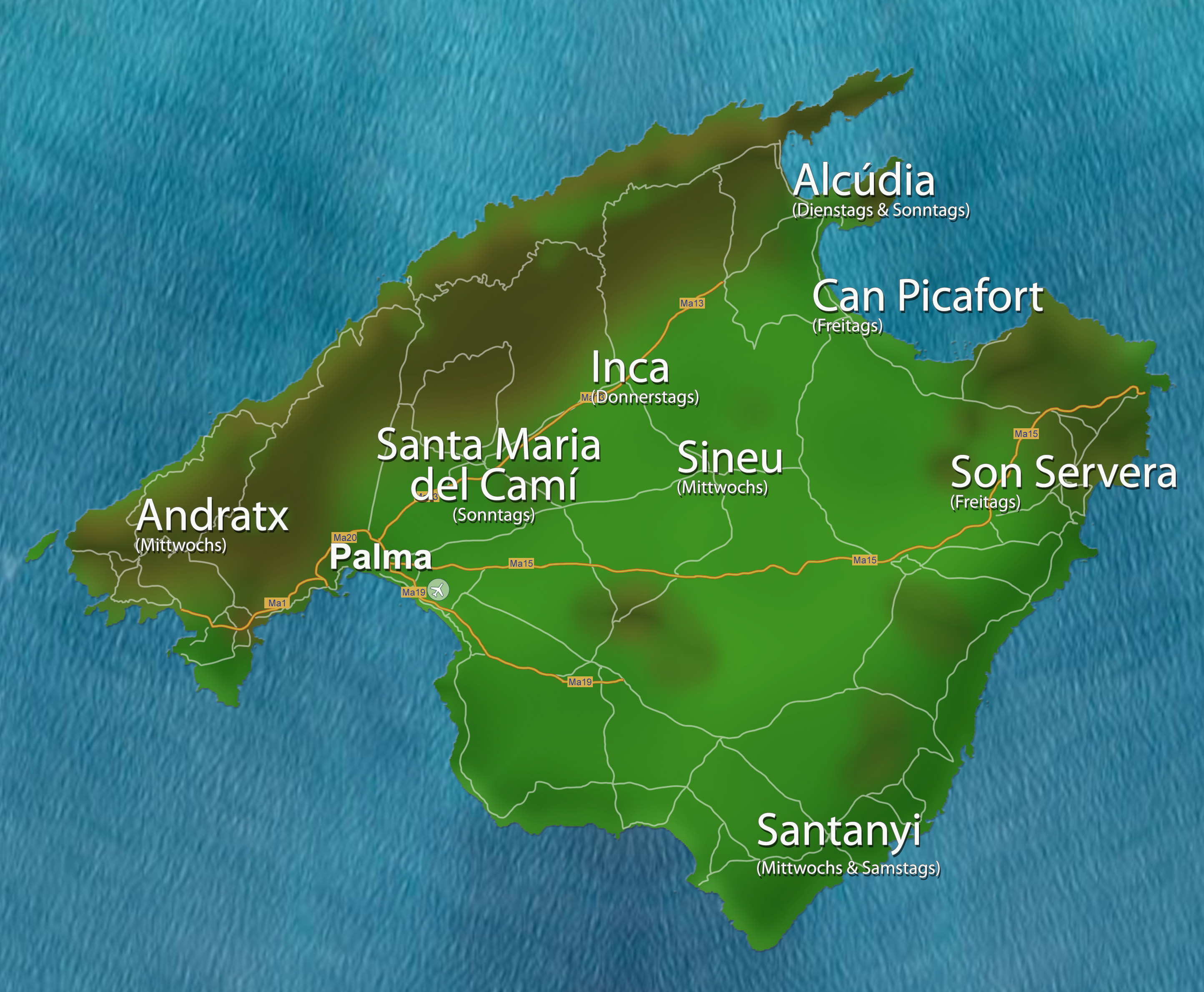 Karte der schönsten Wochenmärkte auf Mallorca