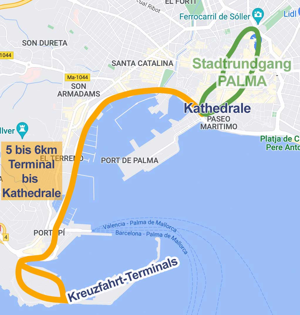 Lage der Kreuzfahrtterminals und dem Stadtzentrum auf Mallorca